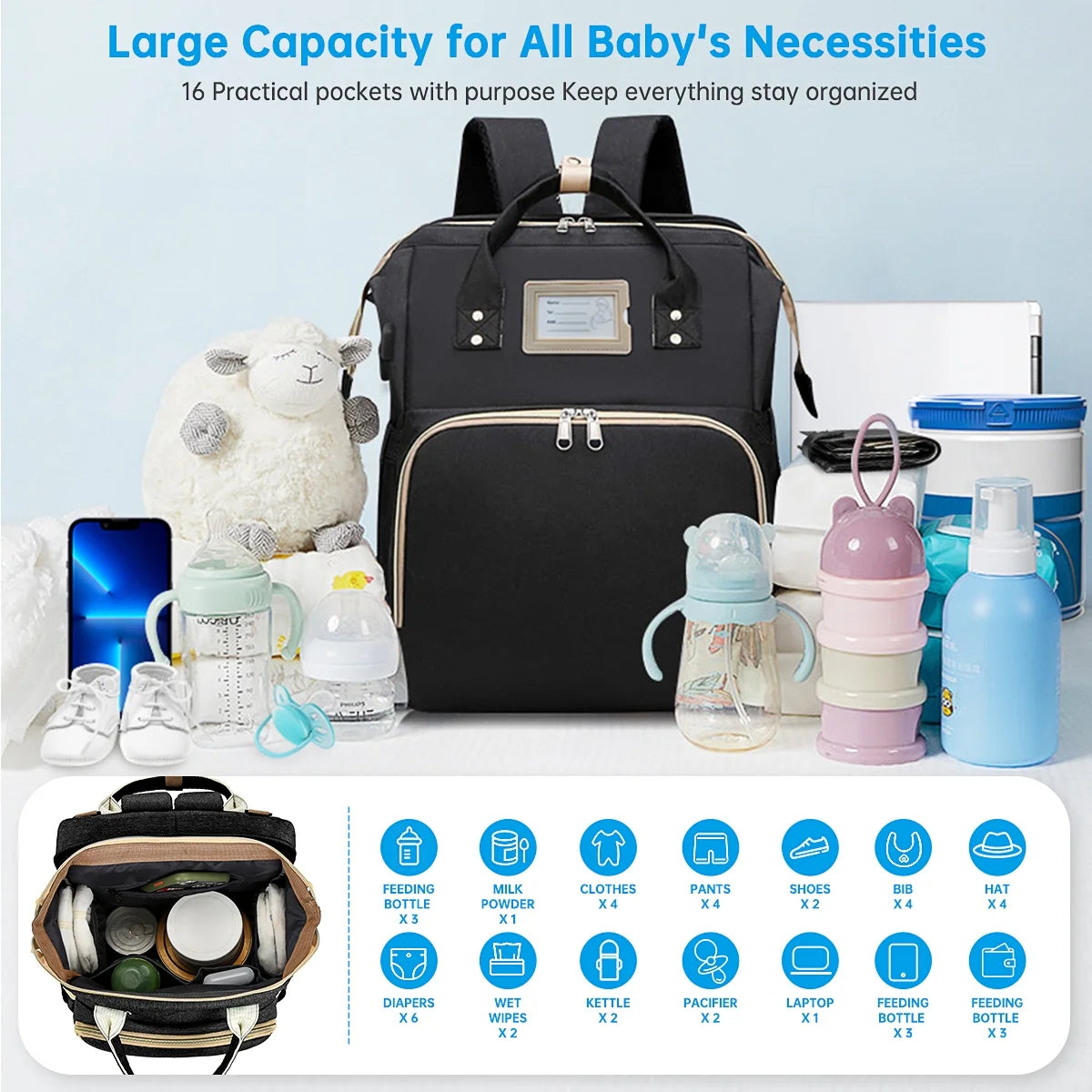 Diaper Bag Backpack, Multifunctional Baby Changing Bag with Foldable Crib & Insulated Milk Bottle Pocket, Large Capacity Travel Backpack with USB Charging Port & Stroller Strap (Black)