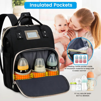 Diaper Bag Backpack, Multifunctional Baby Changing Bag with Foldable Crib & Insulated Milk Bottle Pocket, Large Capacity Travel Backpack with USB Charging Port & Stroller Strap (Black)